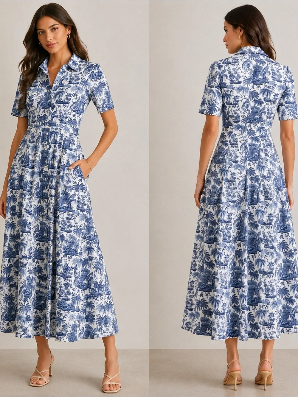 Staud Wells Blue White Toile Print Shirt Dress Maxi Size Small Tropical Palm NWT - Picture 1 of 7
